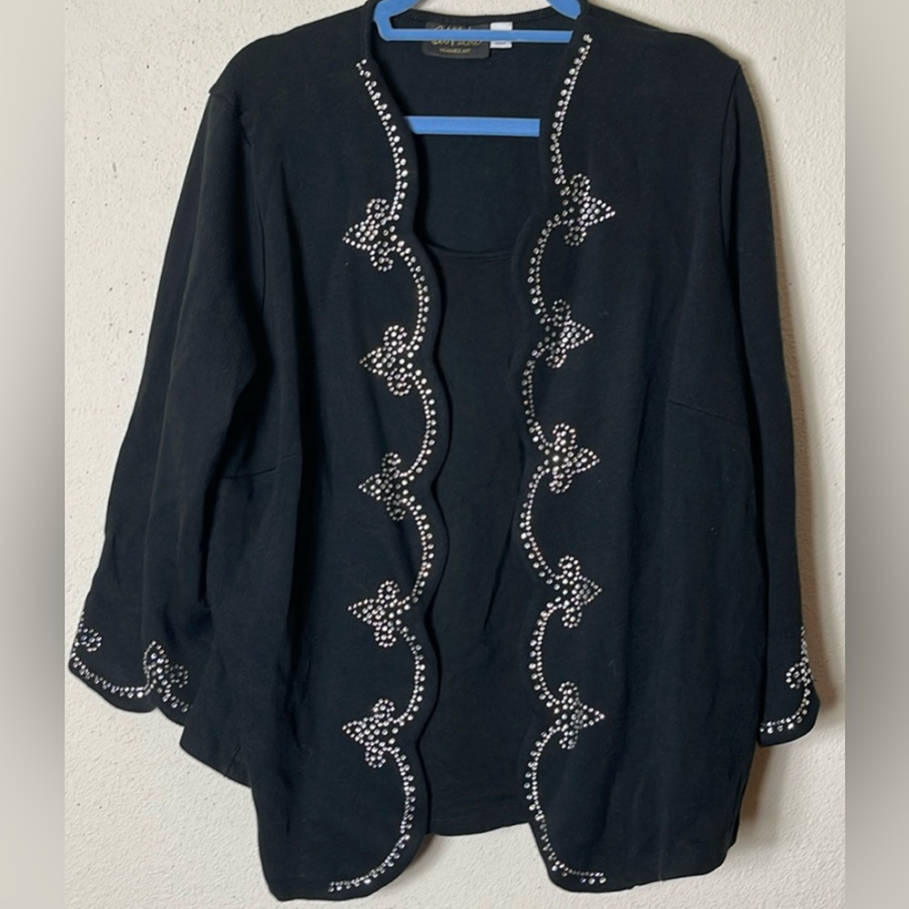Bob Mackie black Cardigan Sweater with attached shell and rhinestone trim 1X